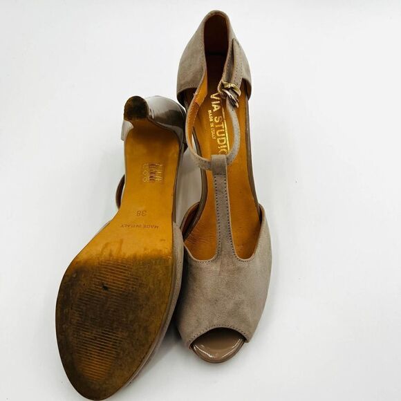 Via Studio Open Toe Platform T-Strap Nude Suede Pumps Size 38 - Picture 12 of 13
